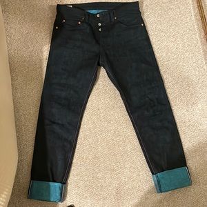 Momotaro teal weft right taper size 33